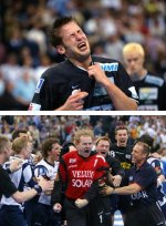 Bennet Wiegert (oben) vergab in der letzten Minute einen Siebenmeter. Stojanovic (unten, in die Jubeltraube) pariete. Bennet Wiegert (oben) vergab in der letzten Minute einen Siebenmeter. Stojanovic (unten, in die Jubeltraube) pariete.