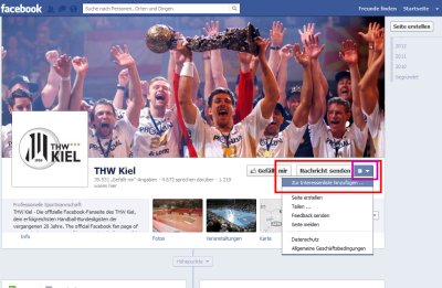 Schritt 1: Gehen Sie auf unsere Facebook-Seite www.facebook.com/thwhandball, klicken Sie rechts neben "Gef�llt mir" und "Nachricht senden" auf den Pfeil nach unten. Es erscheint ein Men�: W�hlen Sie hier "Zur Interessenliste hinzuf�gen ...".